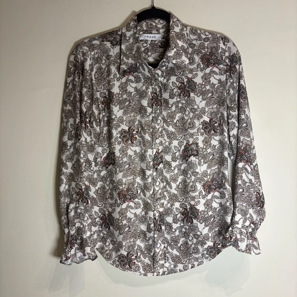 FRAME Silk 70s Ruffle Silk Top Off White Multi Paisley Size Small - Picture 4 of 8